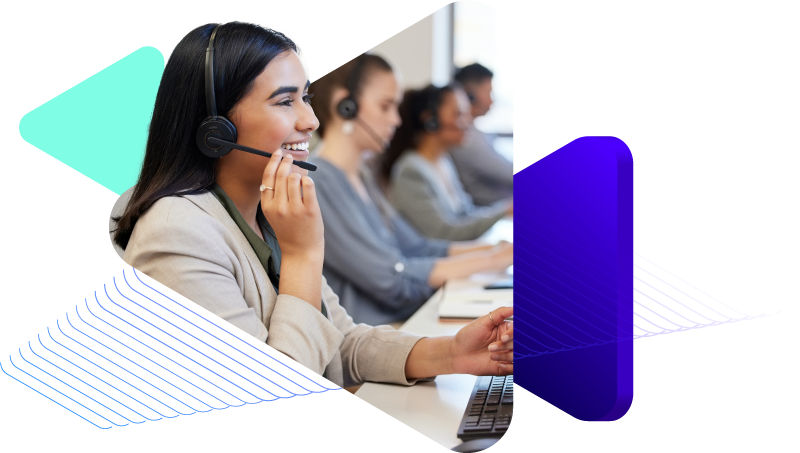 Support professional talking at desk in an office.